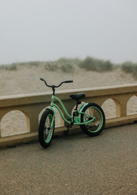 A mint green bicycle with wide tires is parked against a stone railing on a foggy day. In the background, sand dunes and sparse grass are visible.