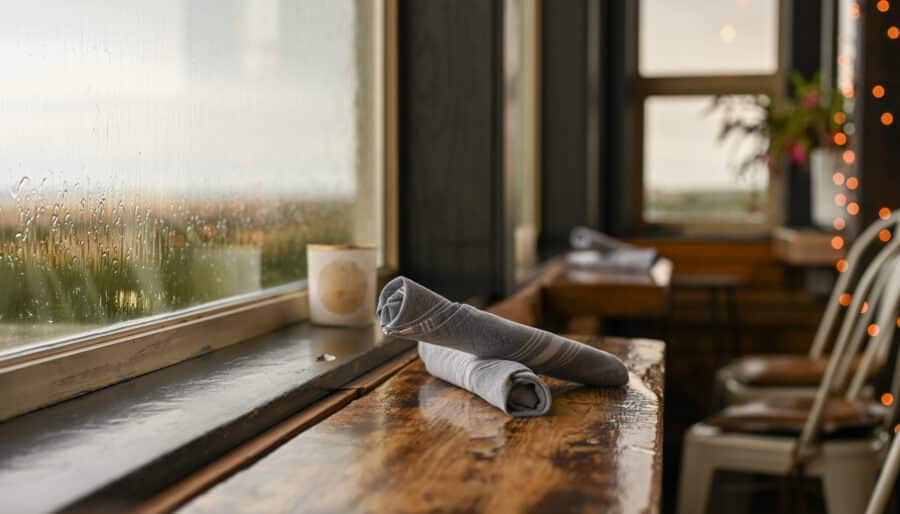 Rolled napkins on a wooden table beside a rain-speckled window. Outside, blurred greenery is visible. The warm interior features chairs, another small table, and a softly lit ambiance with string lights and plant decor by the window.