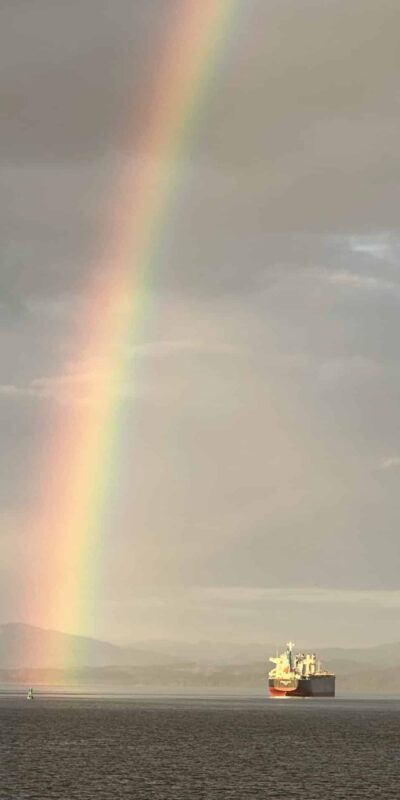 A rainbow extends from the sky to the water with two cargo ships in the ocean. The sky is overcast, and distant mountains are visible on the horizon.