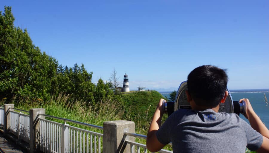 A person with short dark hair looks through a coin-operated binocular viewer on a scenic viewpoint. A lighthouse is visible in the distance, surrounded by greenery. The sky is clear and blue, and the ocean is visible on the right.