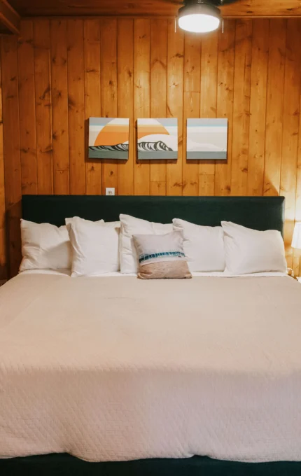 Cosy hotel room with king-size bed, soft pillows, wooden walls, serene paintings, and warm lighting. Perfect for relaxing stay.