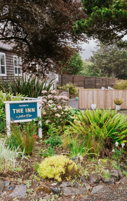 Cosy countryside inn entrance with lush garden and charming wooden cottages, inviting for a tranquil getaway.