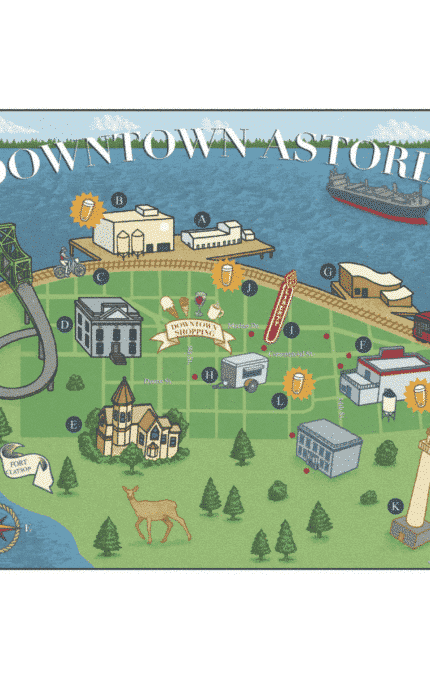 Illustrated map of downtown Astoria. Features landmarks like a bridge, a ship, a lighthouse, and a deer statue. Buildings are labeled with letters. A compass rose indicates direction, and trees are depicted throughout the area.