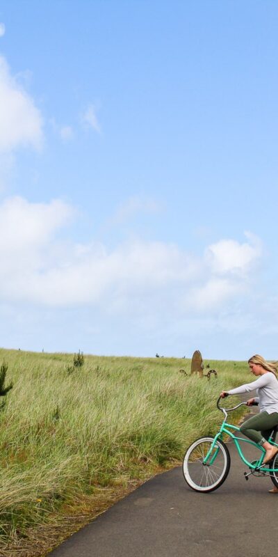 A person rides a turquoise bicycle on a paved path through a grassy landscape. The sky is partly cloudy, and there is a wooden observation deck to the right.