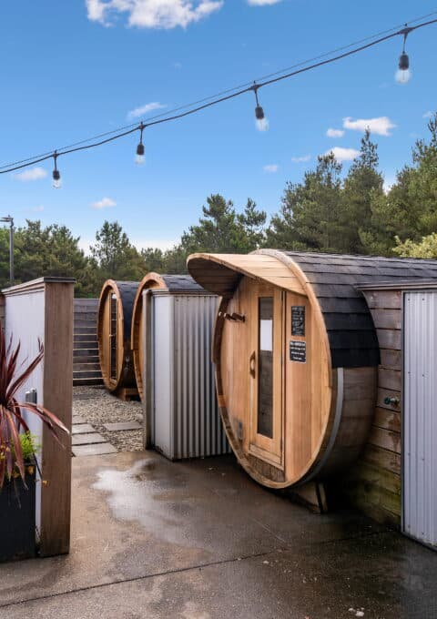 Exterior view of two barrel-shaped wooden saunas situated on a concrete platform. Overhead, string lights hang against a clear blue sky. Surrounding the area are trees and bushes, with stairs leading away from the saunas in the background.