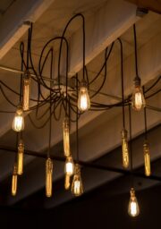 A group of vintage-style Edison light bulbs is suspended from a ceiling, hanging at various lengths. The bulbs are lit, casting a warm glow in the dimly lit room. Exposed wooden beams and wiring are visible above the lights.