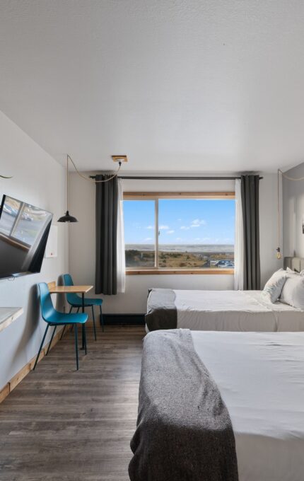 A modern hotel room with two double beds. A wall-mounted TV is opposite the beds, with a small wooden desk and teal chair beneath it. A window offers a view of an open landscape. The room has minimalistic decor, including wall-hung plants and framed pictures.