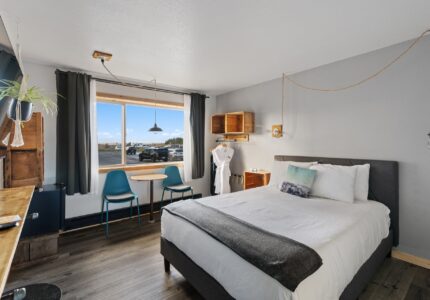 A modern hotel room features a neatly made bed with a white duvet and gray blanket. There are two blue chairs by a window with a view of parked cars. The room includes wooden shelves, a desk, a hanging plant, and a wall-mounted TV. Bathrobes hang on the wall.