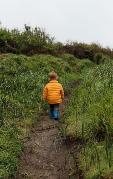 A small child in a bright yellow jacket and blue boots walks along a dirt path surrounded by tall green grass and shrubs. The sky is overcast, creating a calm and natural atmosphere.