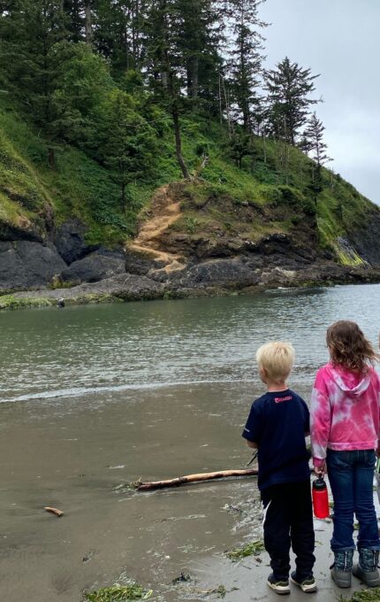 Three children stand on a sandy shore facing a small inlet surrounded by greenery and rocks. The sky is overcast, and the tide is low, exposing seaweed on the sand. They appear to be observing the landscape or looking into the water.