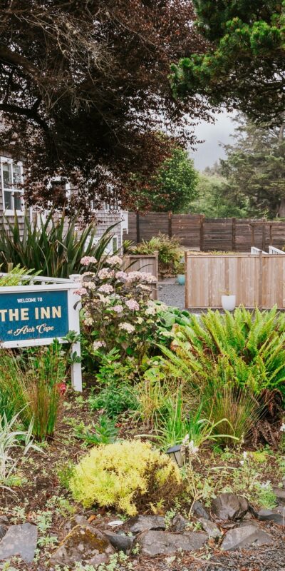 A quaint inn surrounded by lush greenery and colorful flowers. A sign reading "The Inn at Arch Cape" is prominently displayed in the garden. The gravel driveway leads to well-maintained buildings, creating an inviting, serene atmosphere under a canopy of trees.