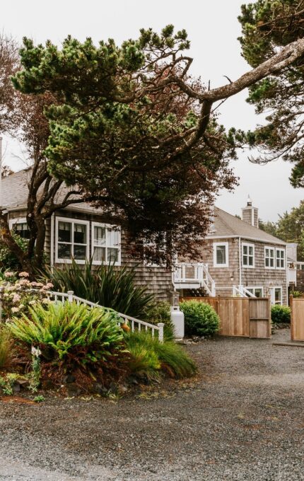 A gravel driveway leads to a rustic inn surrounded by lush greenery and trees. The inn has a stone exterior with large windows. A sign near the entrance reads "The Inn." Flowering plants and a wooden fence can be seen in the surroundings.