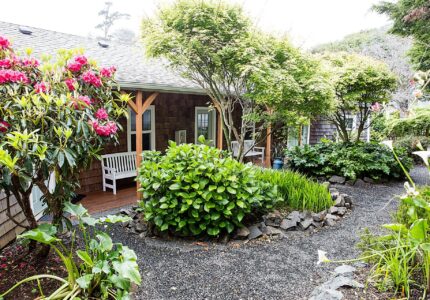 A garden path leads to a cottage with a shingled exterior. The landscaped garden features vibrant flowering plants, bushes, and small trees. A white wooden bench is placed on the wooden deck of the cottage, partially shaded by the overhanging tree branches.