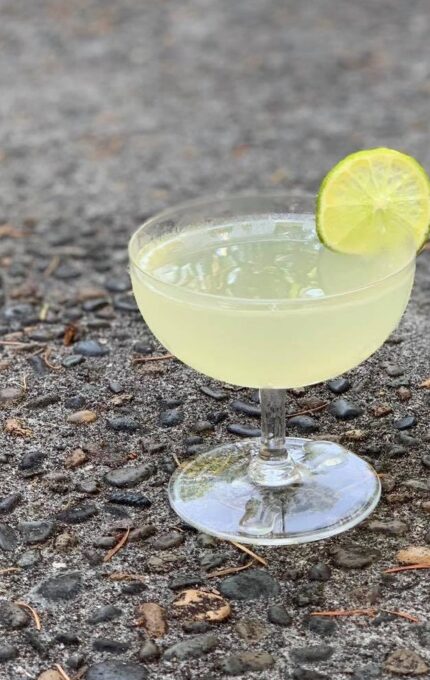 A coupe glass filled with a pale yellow drink is placed on a pebbled surface. The drink is garnished with a lime wheel on the rim of the glass.