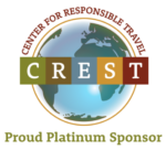 Logo for the Center for Responsible Travel (CREST). A globe in the background has the acronym "CREST" over it in different colored blocks. The text "CENTER FOR RESPONSIBLE TRAVEL" arcs above the globe, with "Proud Platinum Sponsor" at the bottom.