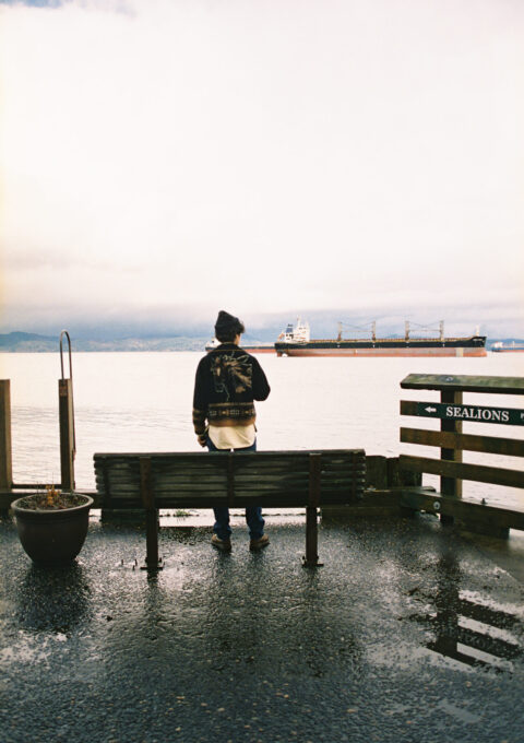 A person stands on a wet pier, facing a large cargo ship in the distance. They wear a beanie and a jacket with a design on the back. A bench is in front of them, next to a plant pot, with cloudy skies overhead.