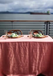 A table with a pink tablecloth is set for two with plates, napkins, and glasses. It is located outdoors on a deck overlooking a large body of water with ships in the distance. The sky is cloudy.