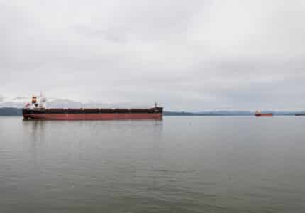 A large cargo ship sails on a calm, expansive body of water under a cloudy sky. In the distance, two more ships are visible near the horizon. Mountains can be seen faintly in the background.