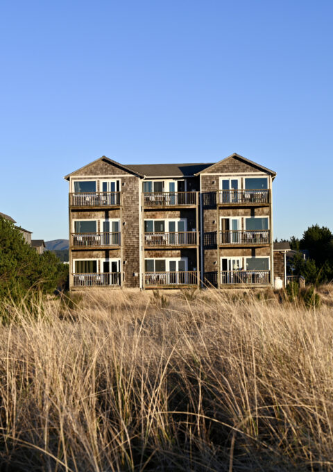 A multi-story building with a wooden facade is situated behind tall grass under a clear blue sky. Surrounding the building are green bushes and trees.