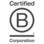 The image shows the Certified B Corporation logo, featuring a large letter "B" inside a circle. The words "Certified" are above the circle, and "Corporation" is below. The logo is in black and white.