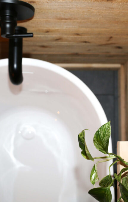 Luxurious bathtub in rustic wood bathroom with elegant black tap and lush potted plant, creating a serene retreat.