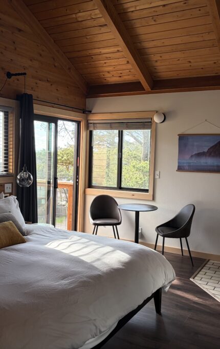 A cozy bedroom with wood-paneled walls and ceiling, a large bed with white bedding, a round mirror, a small table with two chairs by the window, a wood stove, and a wall-mounted TV. Sunlight enters through windows.