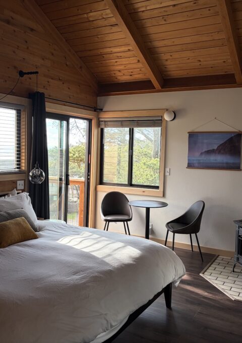 A cozy bedroom with wood-paneled walls and ceiling, a large bed with white bedding, a round mirror, a small table with two chairs by the window, a wood stove, and a wall-mounted TV. Sunlight enters through windows.