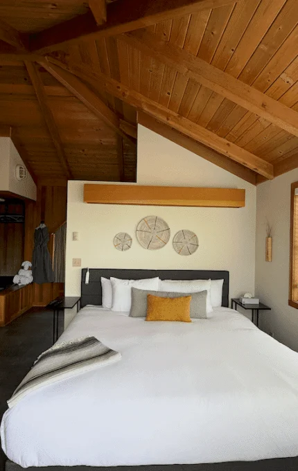 Cosy hotel room with wooden ceiling, comfy king bed, soft lighting, and en-suite kitchenette, ideal for a relaxing stay.