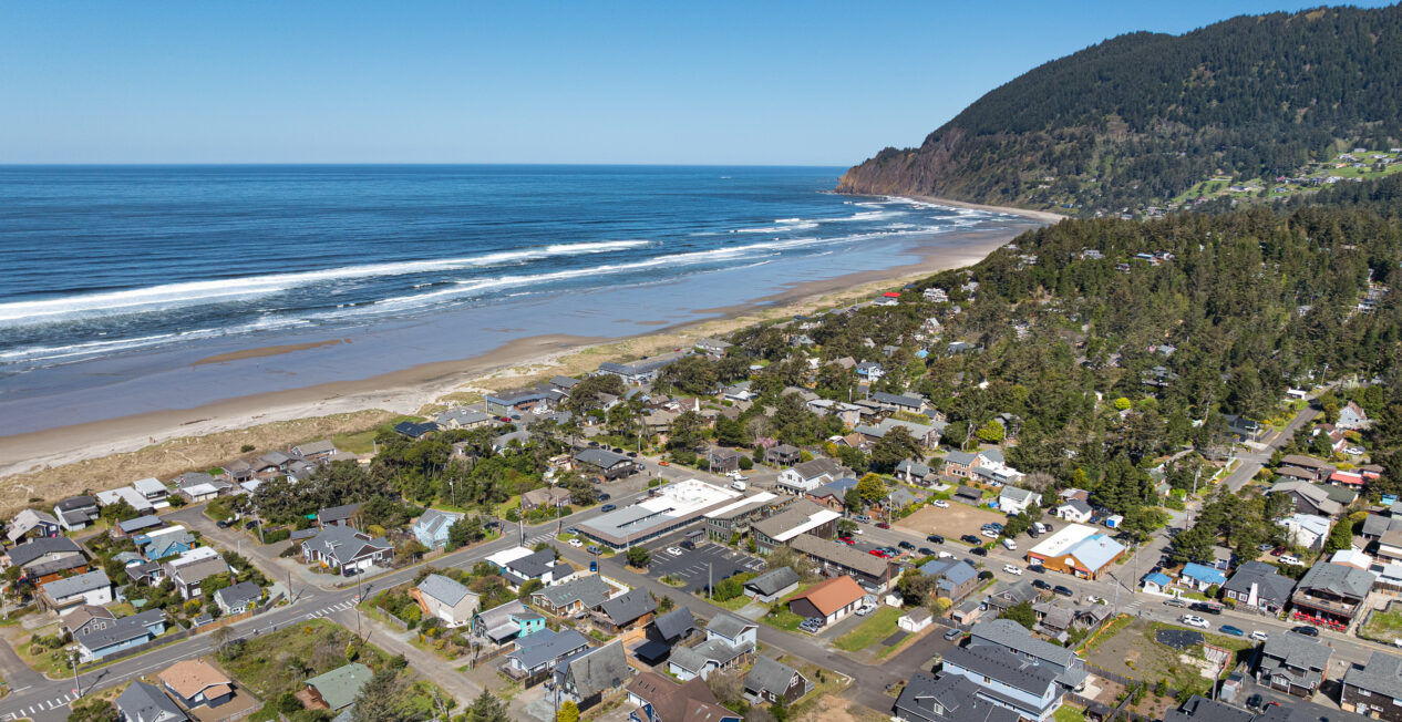 Aerial view of a coastal town with houses, roads, and trees next to a sandy beach and ocean. A forested hill rises in the background under a clear blue sky.