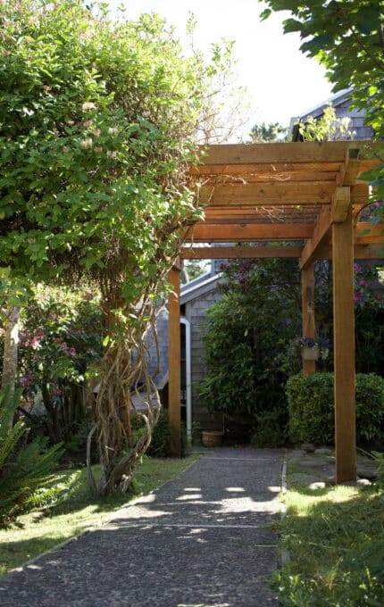 A garden pathway leads under a wooden pergola with climbing plants and greenery. Sunlight filters through the leaves, casting shadows on the stone path. A house is partially visible in the background.