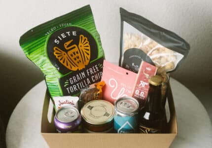 A box of food and drinks.