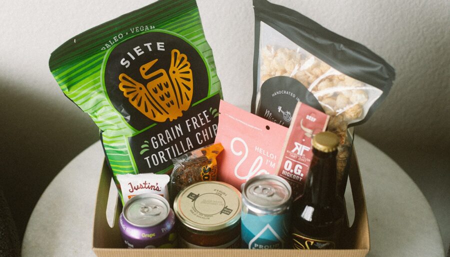 A box of food and drinks.