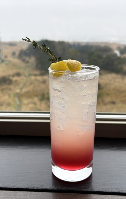 A tall glass with a layered pink and clear drink, garnished with a lemon twist and a sprig of thyme, sits on a windowsill overlooking a grassy coastal landscape on a cloudy day.
