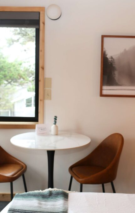 Cosy hotel room with forest view, elegant chairs, and inviting artwork, perfect for a relaxing stay.