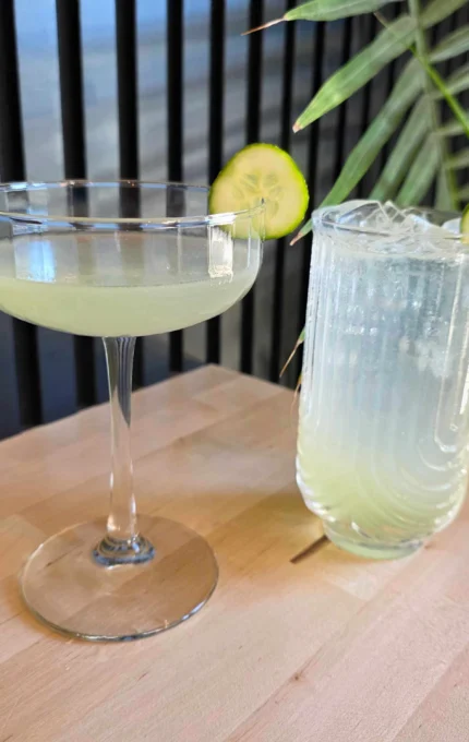 Elegant cocktails on a wooden table, featuring a classy martini glass and refreshing cucumber drink, set against stylish decor.